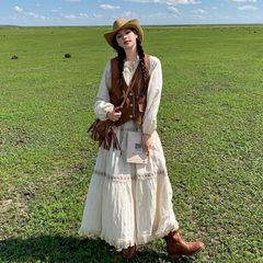 爆款白色连衣裙套装女夏季2025川西云南旅游穿搭美拉德马甲配长裙