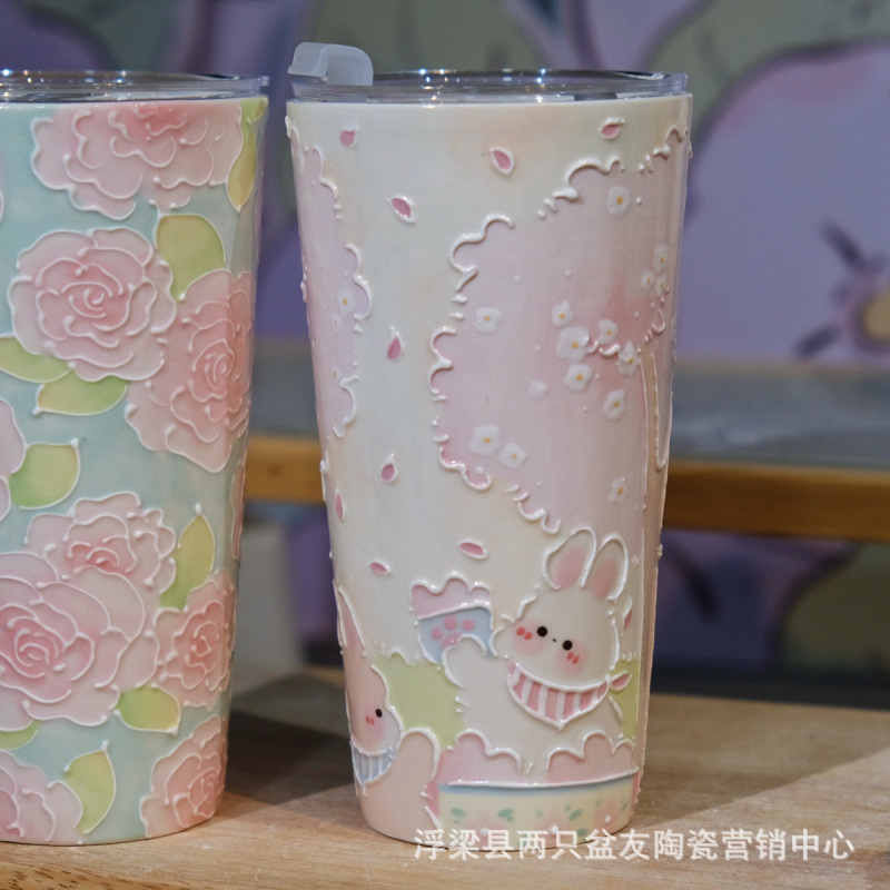 Guochao パイルオブフラワータンブラー 蓋付き ストローカップ 大容量 景徳鎮万華カップ 釉下色手描きウォーターカップ|undefined