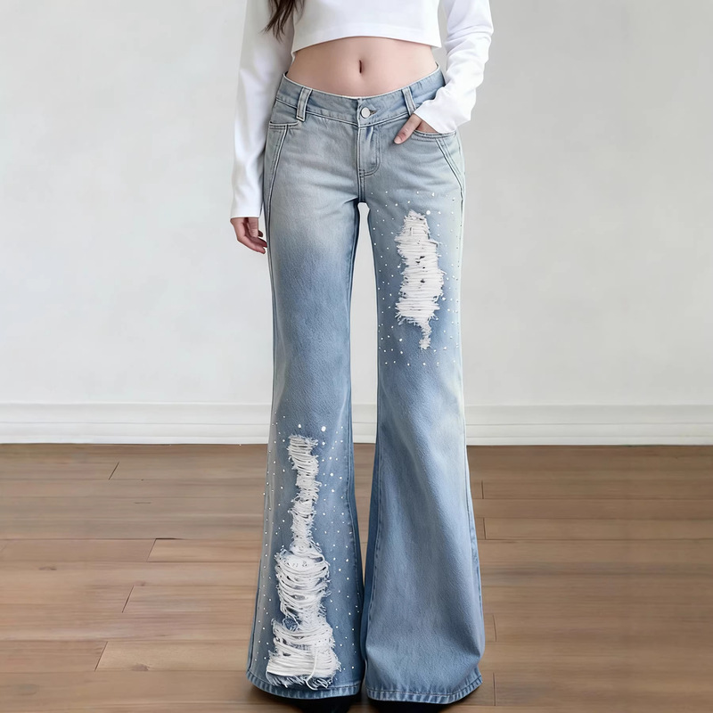 Low Price Clearance Sale # American-Style V-Shaped Waistband, Rhinestone Lace Patchwork, Ripped Gradient Color Slim-Fit Flared Jeans.