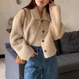 大码胖MM韩国chic秋冬保暖开衫女装翻领宽松百搭双面长毛绒外套潮