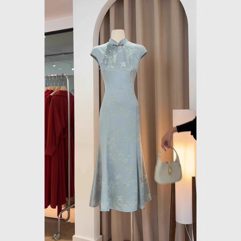 Designer Exquisite New Chinese Style National Style Blue Printed Button Dress Cheongsam High-End Elegant High-End Skirt