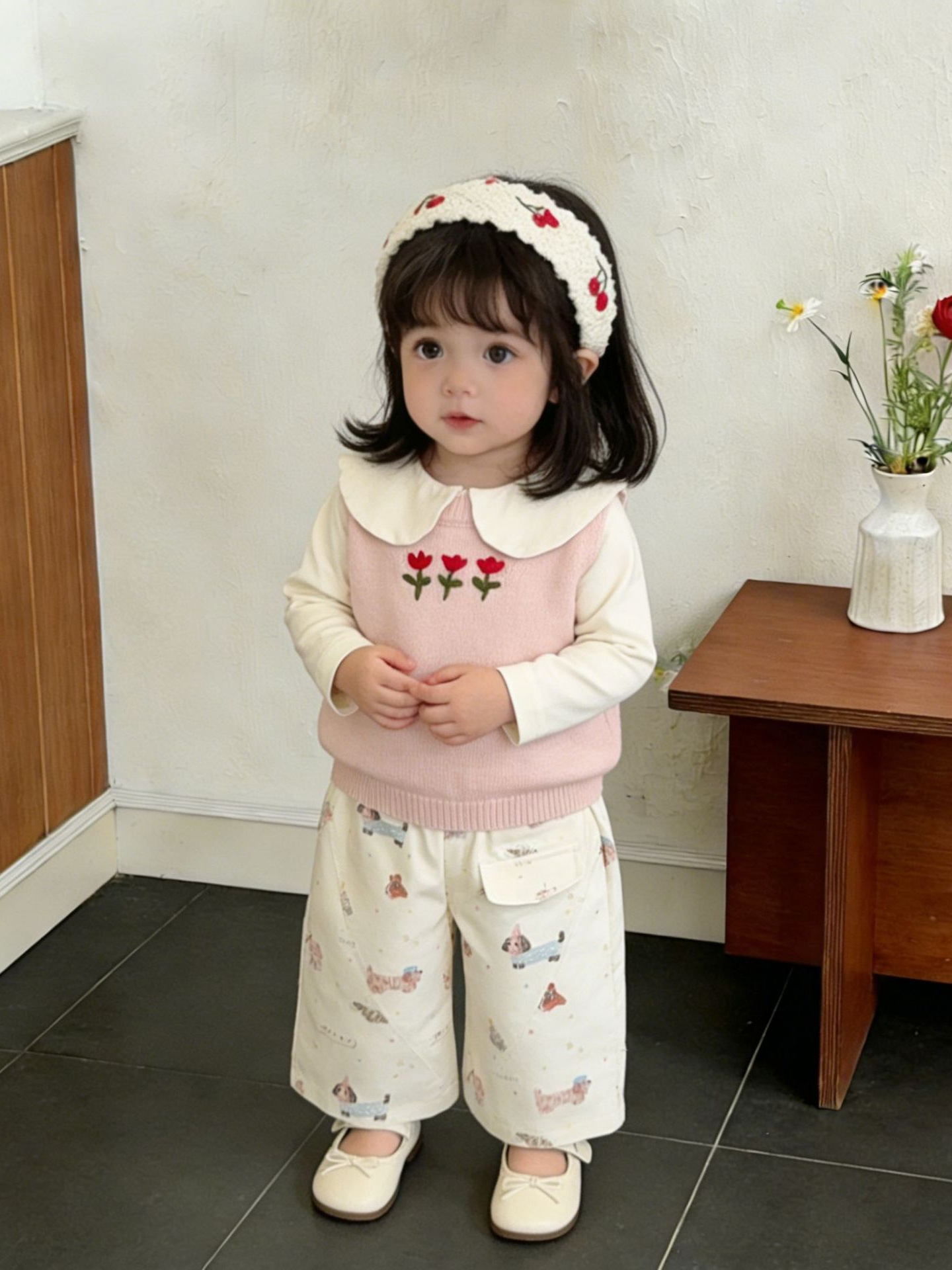 Niñas primavera extranjera chaleco de punto 2026 nuevo otoño bebé coreano plegado chaleco de moda camisa de hombro