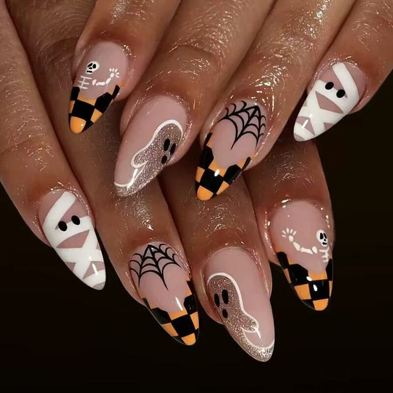 Overseas cross-border glow-in-the-dark gel horror nail stickers with mummy and ghost grid patterns, French edge nail tips, supports mixed orders Overseas cross-border glow-in-the-dark gel horror nail stickers with mummy and ghost grid patterns, French edge nail tips, supports mixed orders