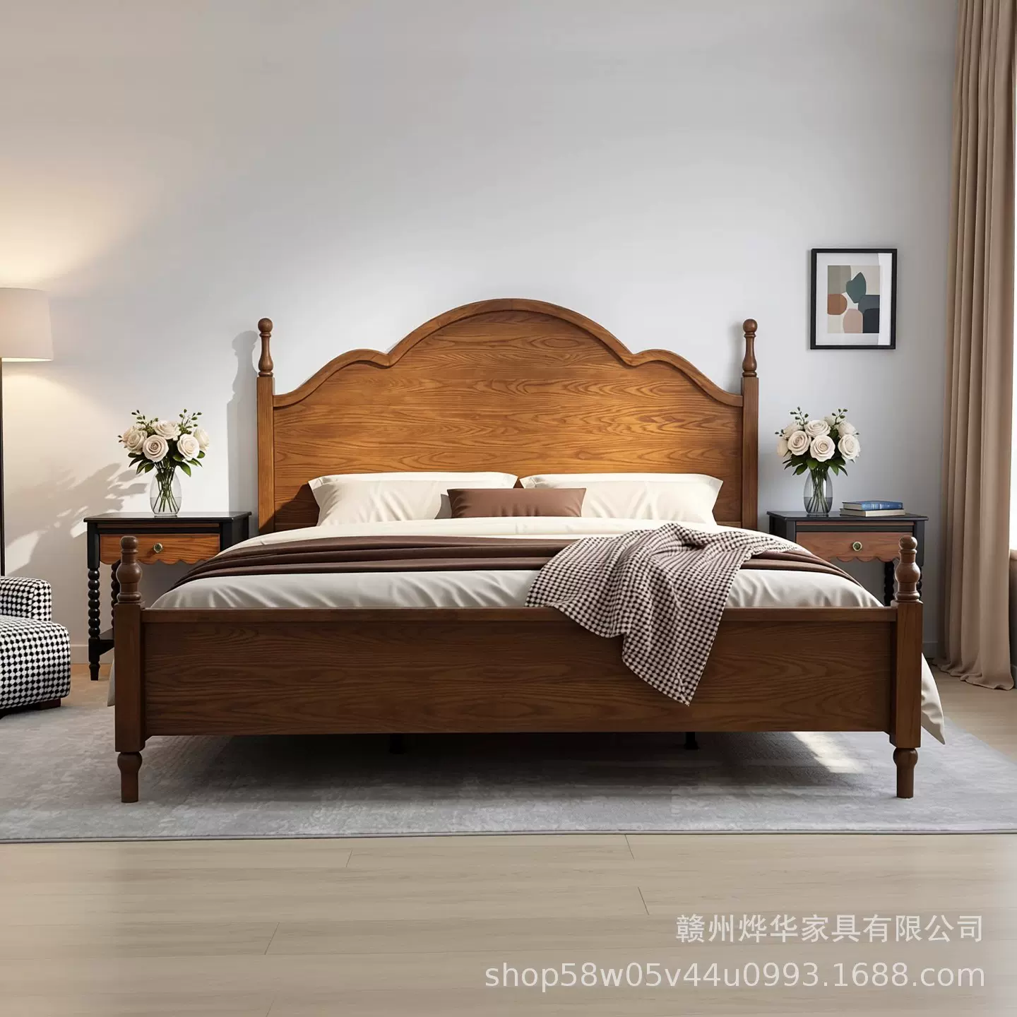 中古风白蜡木云朵床实木床主卧双人床美式卧室婚床1.8米1.5米大床