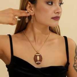 跨境新款超级碗首饰欧美热销时尚合金镶钻水晶橄榄球项链耳环套装