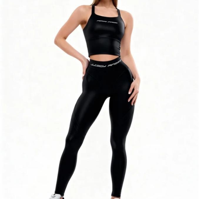 Europeos y estadounidenses trajes de mujer transfronterizos, pantalones deportivos de cuero de dos piezas, ropa de yoga de cuello en U de color sólido
