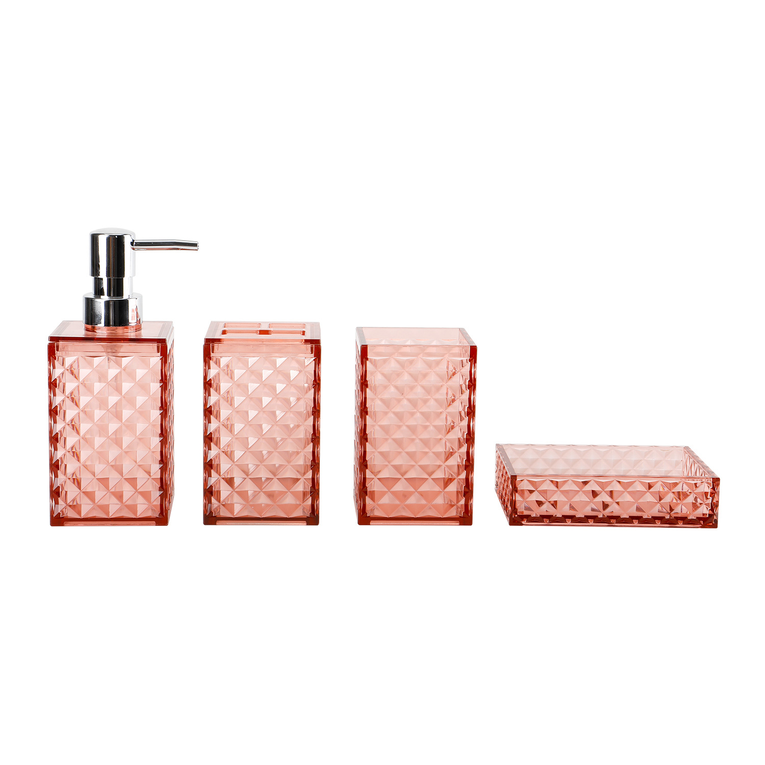 Cuarto de baño de plástico de cuatro piezas de diamante transparente Plaid fábrica al por mayor lavado baño enjuague bucal cepillo titular de cuatro piezas conjunto