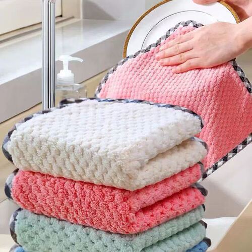 Microfiber Sponge Dish Towel, Wash Cloth with Fringe Coral Pom Pom Pattern, Non-Slip, Absorbent, Hairless, Kitchen Cleaning Cloth, Wholesale