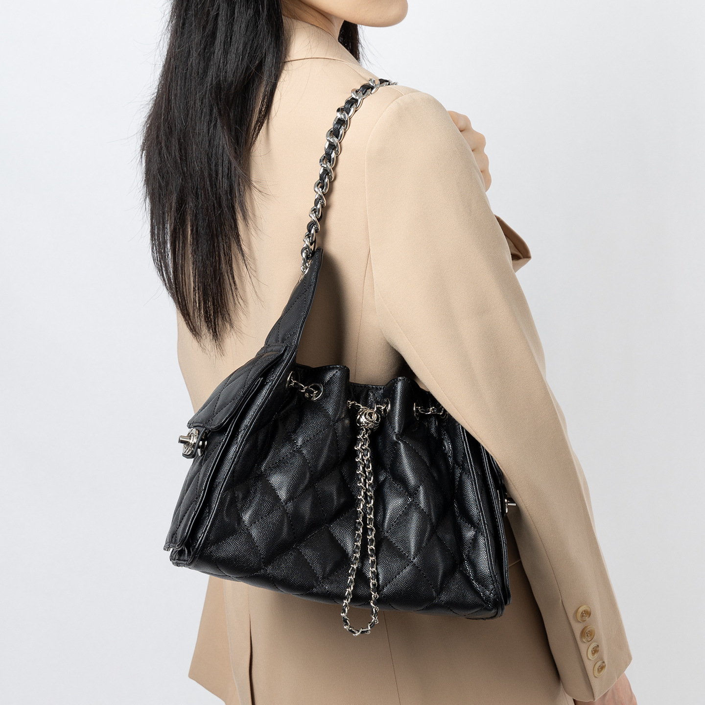 Lingge 정품 가죽 어깨 겨드랑이 가방 캐비어 패턴 대용량 호보 백 버킷 드로스트링 백 체인 크로스 바디 백 여성용