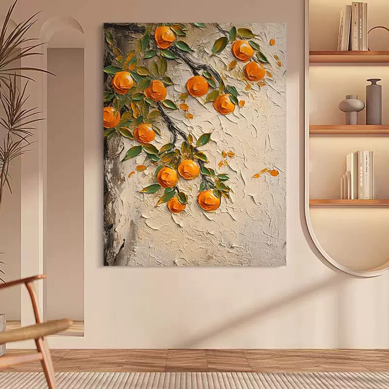 手绘油画柿柿如意乔迁送礼寓意好轻奢玄关装饰画纯客厅新中式肌理