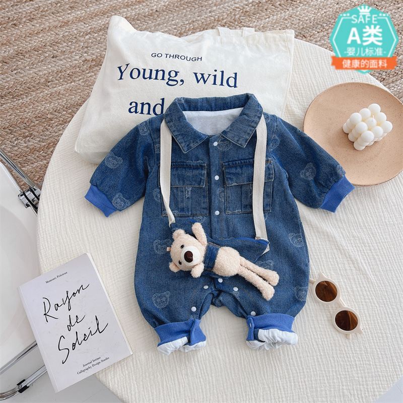 Baby clothes spring clothes newborn baby jumpsuit one month old one hundred days Denim casual super cute outing romper spring and autumn