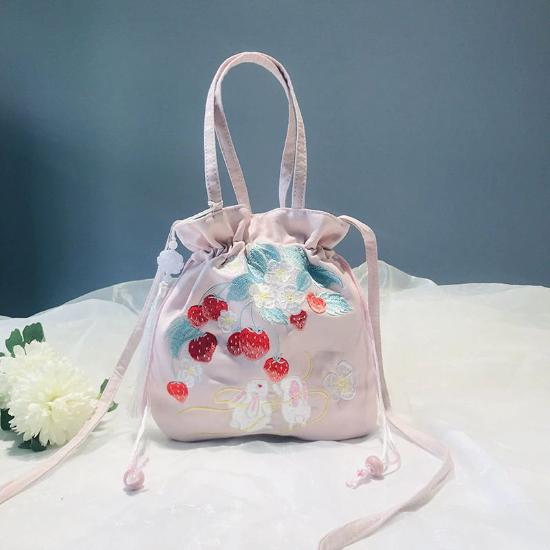 Handheld Hanfu Drawstring Bag, Embroidered Tassels, 22×22 cm, Handmade Accessory