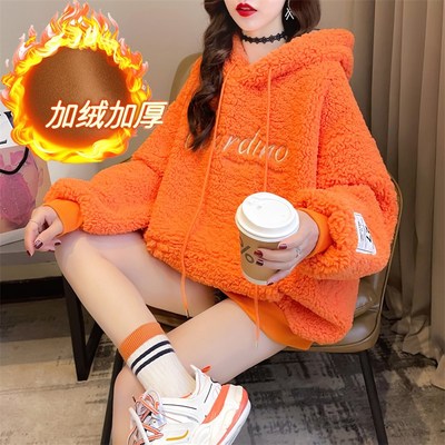 大碼女裝加絨加厚秋冬連帽衛衣女2021新款寬松韓版刺繡羊羔絨外套