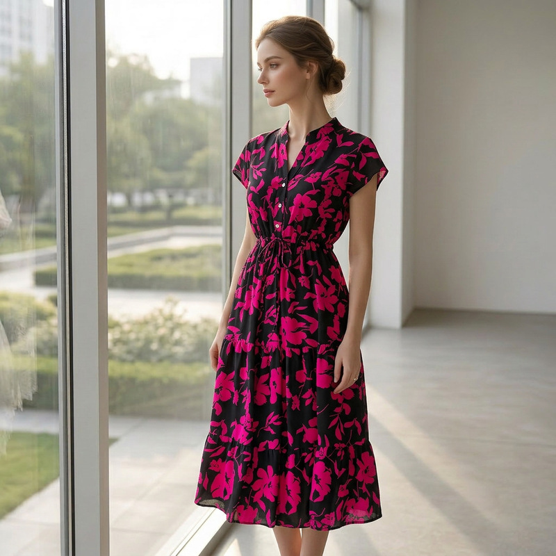 Carefully Selected Classy Affordable Luxury Flying Sleeve V Neck Waist A-Line Ruffled Printed Skirt Elegant Long Skirt Carefully Selected Classy Affordable Luxury Flying Sleeve V Neck Waist A-Line Ruffled Printed Skirt Elegant Long Skirt