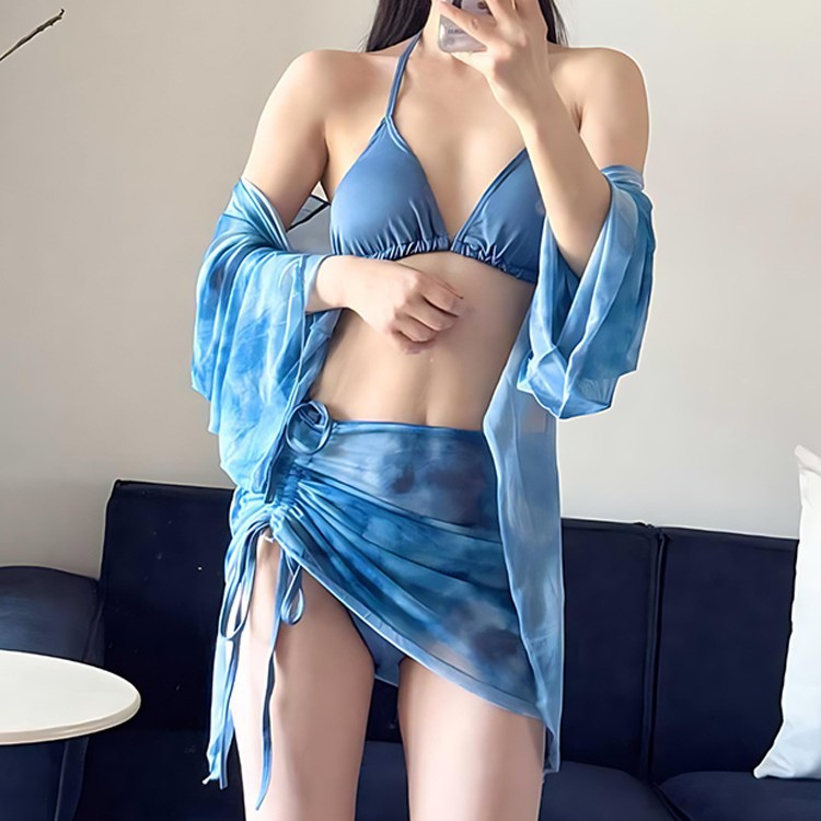 2025 nuevo traje de baño de mujer tie-dye puro deseo bikini dividido de cuatro piezas de manga larga protector solar traje de baño de alta calidad