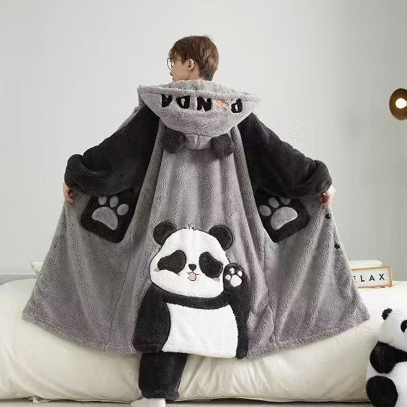 Coral Velvet Nightgown for Men in Winter Fleece-Lined and Thickeneded to Heattech Korean Style Loose Long Cartoon Bathrobe Flannel Pajamas for Men