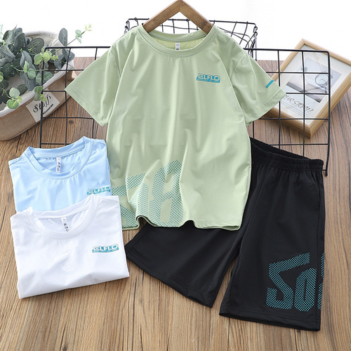 Children's Quick-Dry Set 2024 Summer New Ice Silk Short-Sleeve Shorts Two-Piece Set for Big Kids, Thin Version Casual Wear
