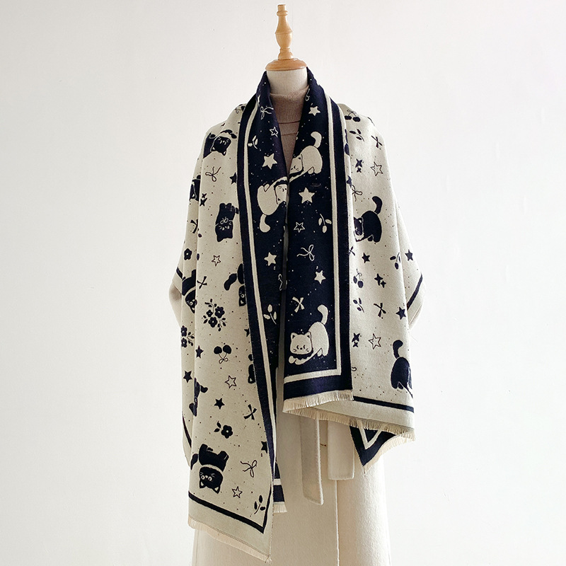New sweet starry sky kitty scarf, suitable for commuting, stylish and elegant, versatile, faux cashmere, jacquard shawl for going out