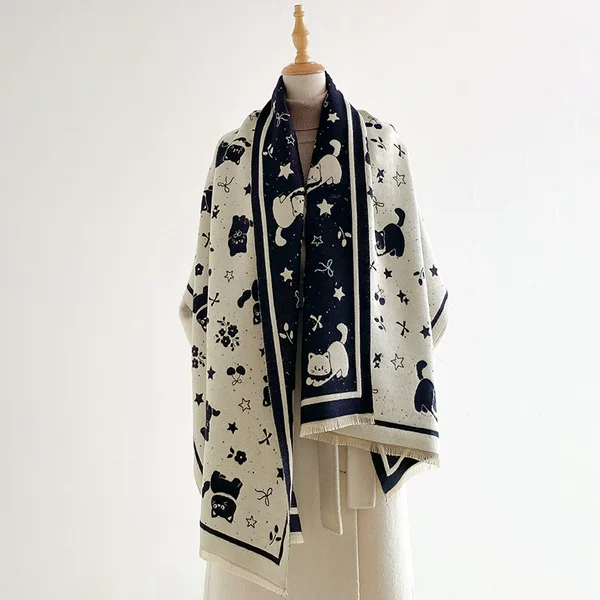 New sweet starry sky kitty scarf, suitable for commuting, stylish and elegant, versatile, faux cashmere, jacquard shawl for going out