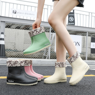 Women's Rain Boots for Summer Adult Middle Barrel Martin Boots Water Shoes Non-slip Waterproof Wear-resistant Four Seasons Student All-match Solid Color Boots