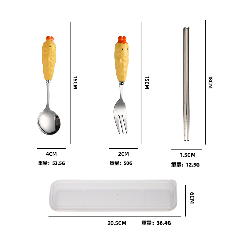 작은 노란색 닭 포크, 숟가락 및 젓가락 세트