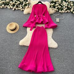 欧米風レトロジャカードニット女性ノースリーブベストミディアムロングスカート高級感セレブ2点セット