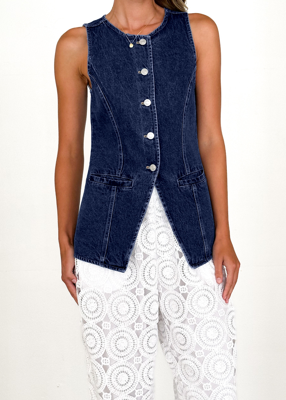 Amazon Independent Station Cross-border nueva moda retro europea y americana cuello redondo sin mangas cintura chaqueta de mezclilla chaleco damas image 6