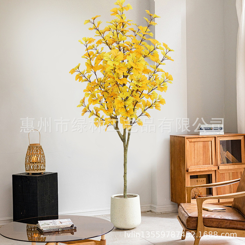 Simulated Ginkgo Tree Floor-Standing Potted Indoor Office Fake Tree Yellow-Green Ginkgo Lucky Wishing Tree Wholesale