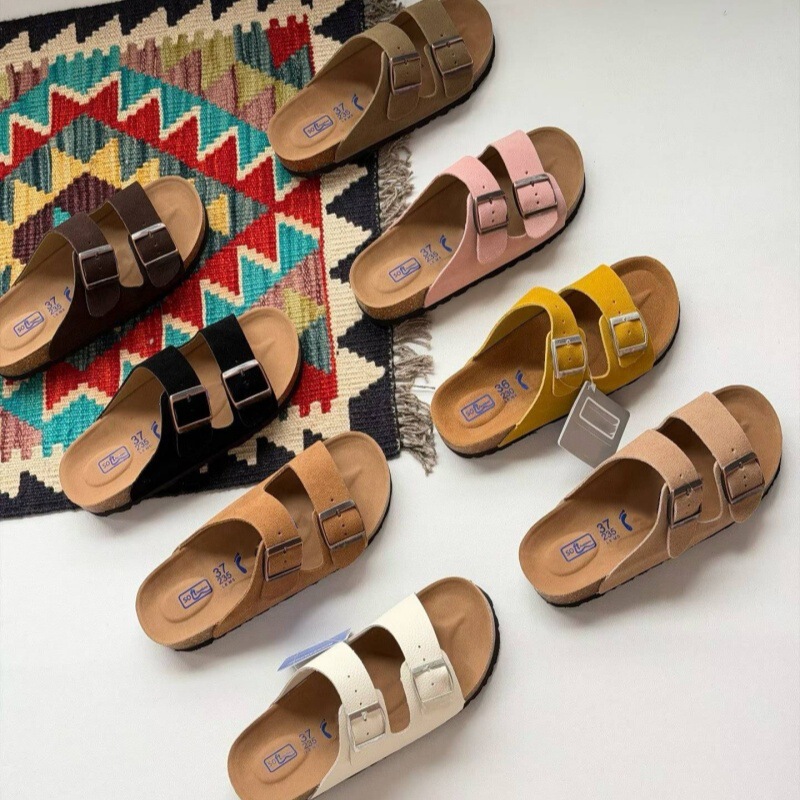 Cross-Border Cork-Soled Double-Strap Half-Slip Sandals for Women, Outdoor Wear, Lazy Birkenstock-Style Shoes, Cowhide Sandals, Factory Direct Delivery