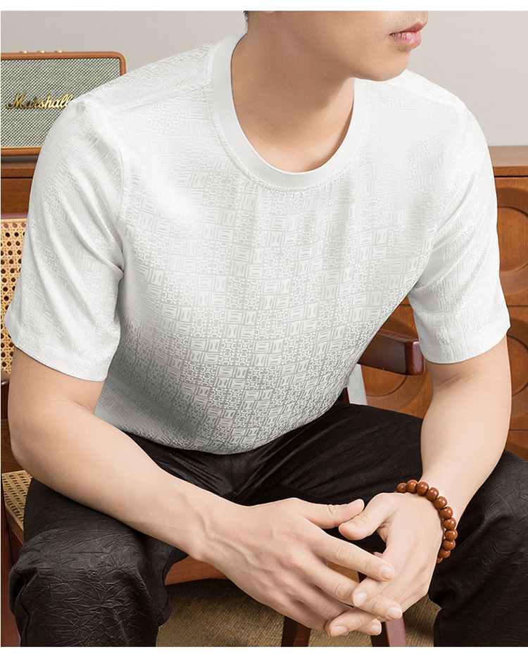 Áo thun nam tay ngắn lụa jacquard Mulberry mỏng nhẹ mùa hè — Trắng 8876 chi tiết 13
