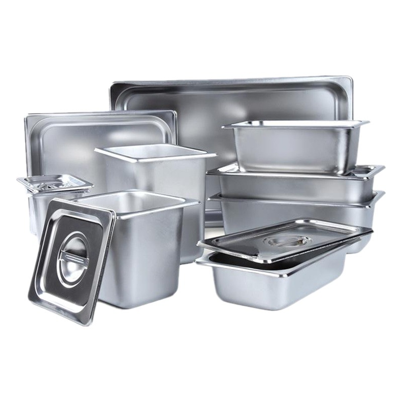 Factory wholesale 304 stainless steel parts basin rectangular fraction plate buffet insulation table with lid stainless steel basin