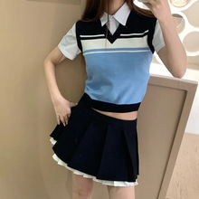 【现货】时尚条纹撞色上衣V领修身无袖短款套头针织衫 237122