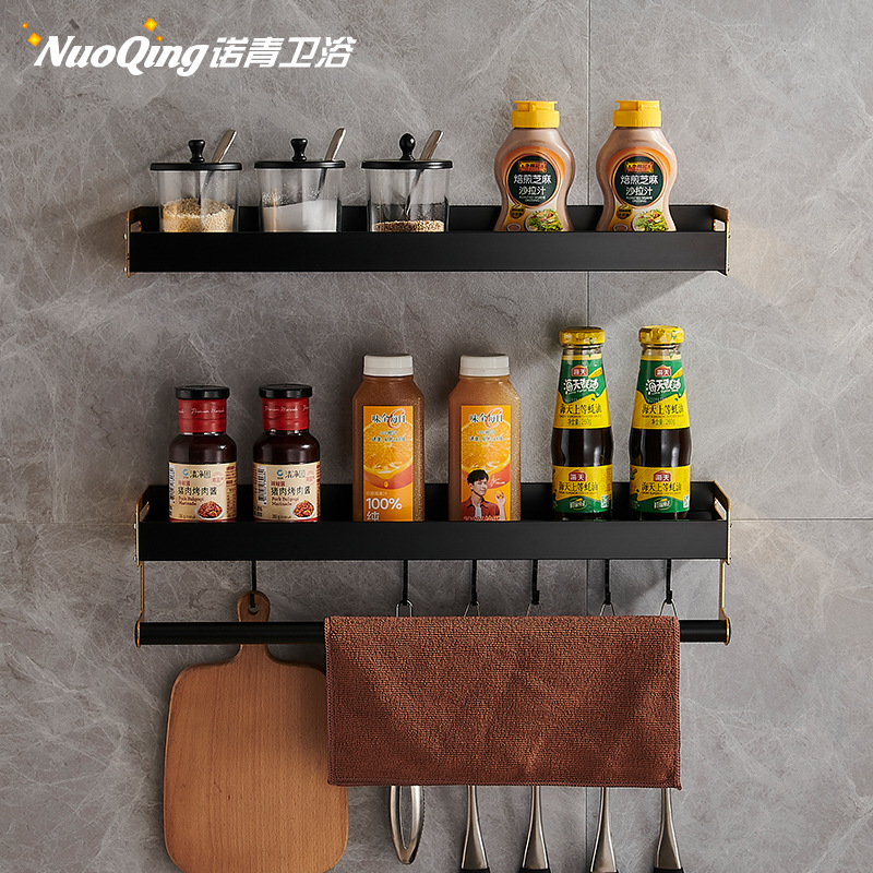 Estante de la cocina montado en la pared sin ponche negro condimento suministros multifuncionales hogar completo estante de almacenamiento de pared