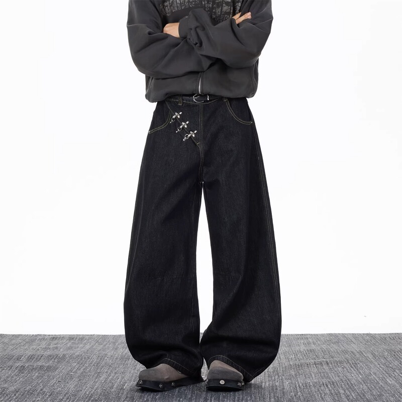 Men's spring American high street style loose-fitting wide-leg denim jeans with diagonal fly and airplane buckle, original denim curved-leg pants Men's spring American high street style loose-fitting wide-leg denim jeans with diagonal fly and airplane buckle, original denim curved-leg pants