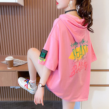12岁女大童夏季韩版宽松连帽短袖上衣13少女孩粉色T恤15初中学生