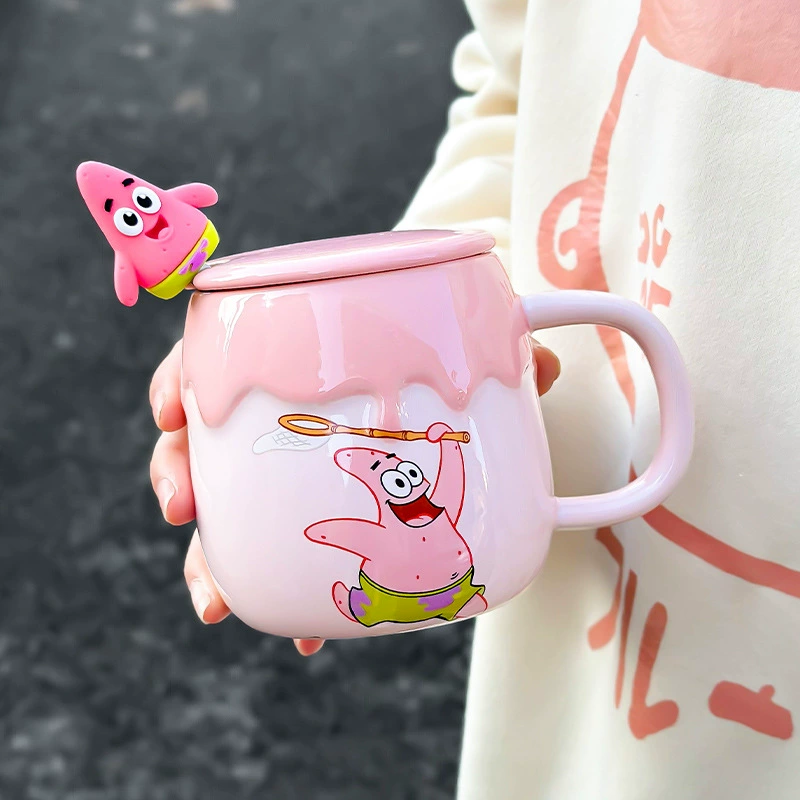 Керамическая чашка SpongeBob с крышкой, ложкой, домашняя детская кружка для воды милые девочки молочная чашка кофе