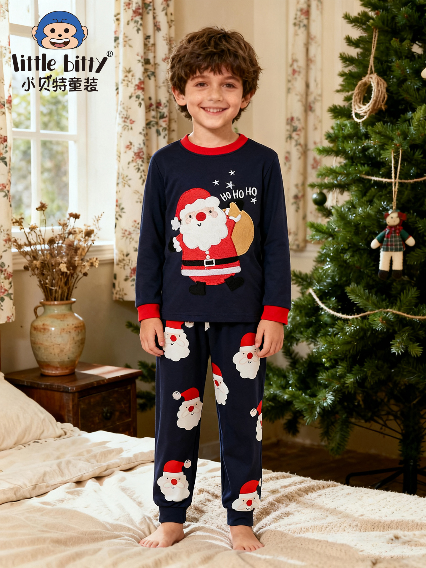 Cross-Border 25Th Autumn and Winter New Kidsren's Suit Christmas Embroidered Tight Round Neck Home Clothes Two-Piece Kidsren's Clothing Set