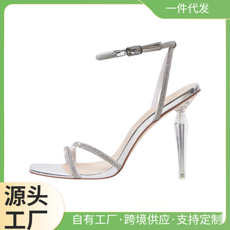 Amazon rivet foreign trade rivet high heel sandals new rhinestone 2023 gold silver adult sandals
