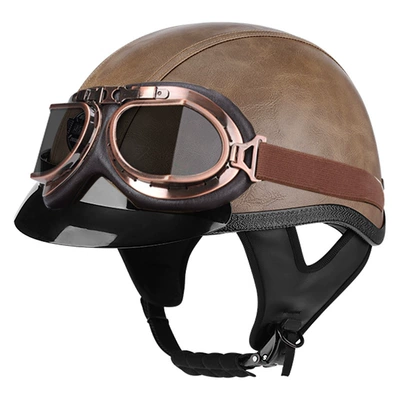 Motosiklet kaskı (dəbilqə) — universal electric car retro helmet half - light-brown-leather-brim-bronze-mirror-m56-57cm