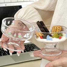 韩国ins卡通透明玻璃冷饮雪糕杯 水果沙拉酸奶果汁冰淇淋高脚杯子