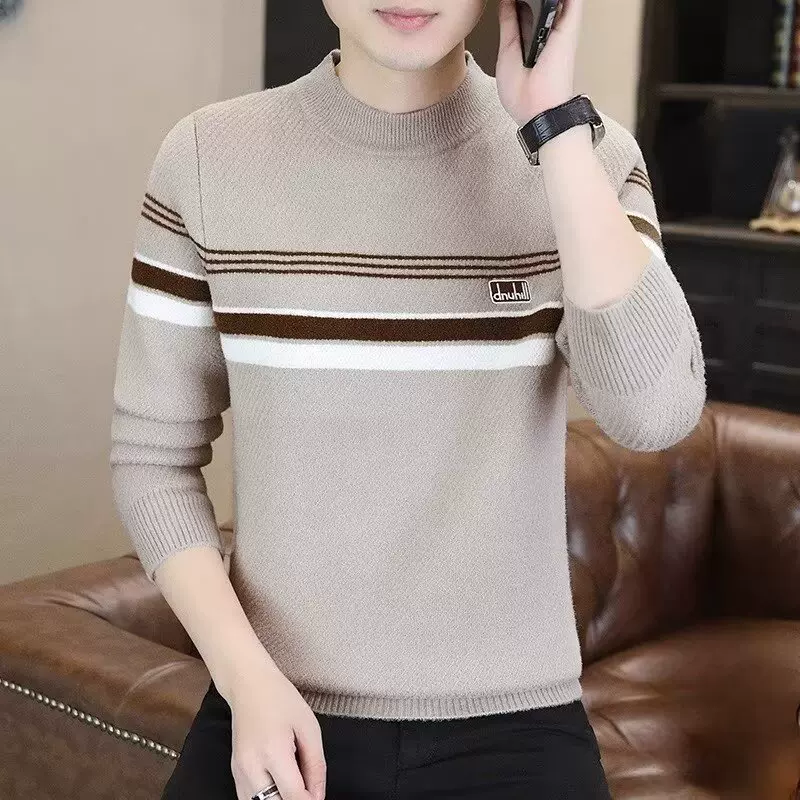 2025冬季男士半高领毛衣水貂绒保暖修身针织休闲打底羊毛衫潮