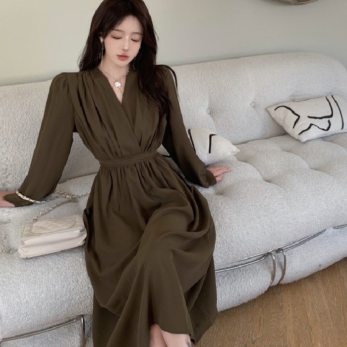 새로운 스타일 칼라 허리 슬림 라이트 성숙한 스타일 기질 드레스 한국 긴 소매 칼라 슬림 솔리드 컬러 도시 스타일 롱 스커트