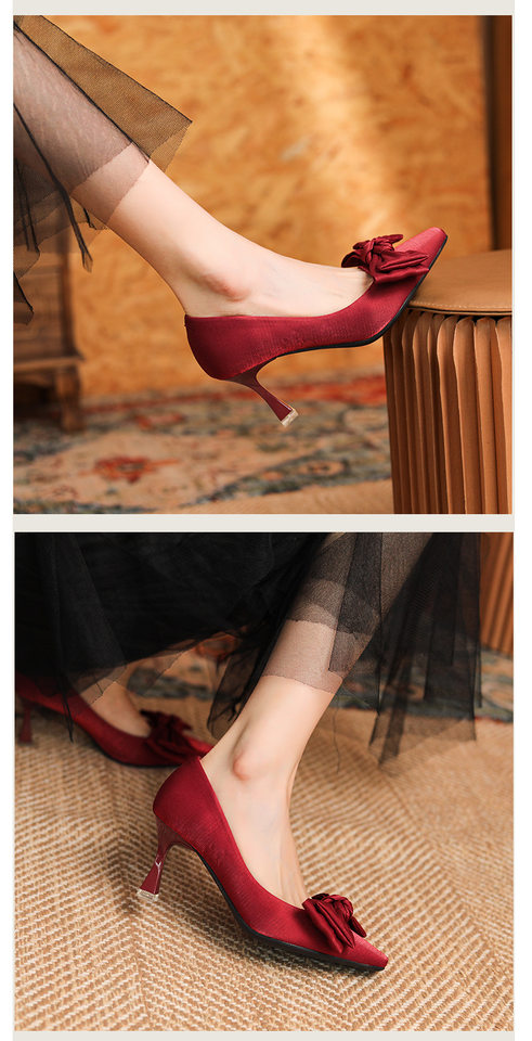 Giày cao gót nữ mũi vuông gót nhọn 6–8 cm chất liệu satin lụa tơ tằm trang trí nơ, giày cô dâu — Màu mơ, Màu đỏ chi tiết 14