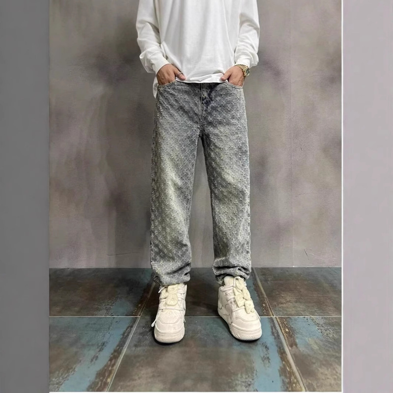 Wholesale American Style Full-Print Jacquard Jeans for Men, New Trendy Brand, Handsome Design, Niche Straight High Street Pants