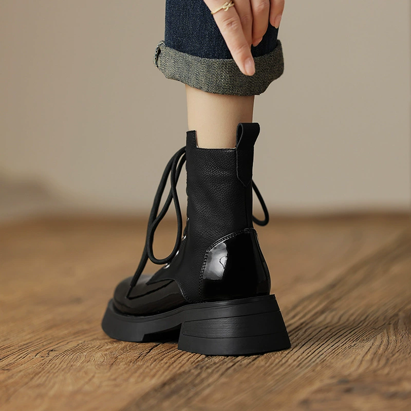 Ботинки Martin из натуральной кожи с круглым носком, женские в британском стиле, новинка 2023 года, на толстой подошве со шнуровкой спереди, тонкие увеличенные весенне-осенние однослойные сапоги, короткие сапоги