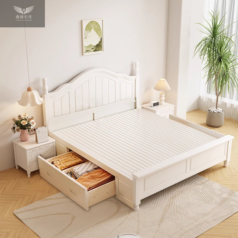 Cama americana moderna y simple dormitorio doméstico dormitorio principal cama de madera maciza cama princesa doble marco de cama de lujo blanco