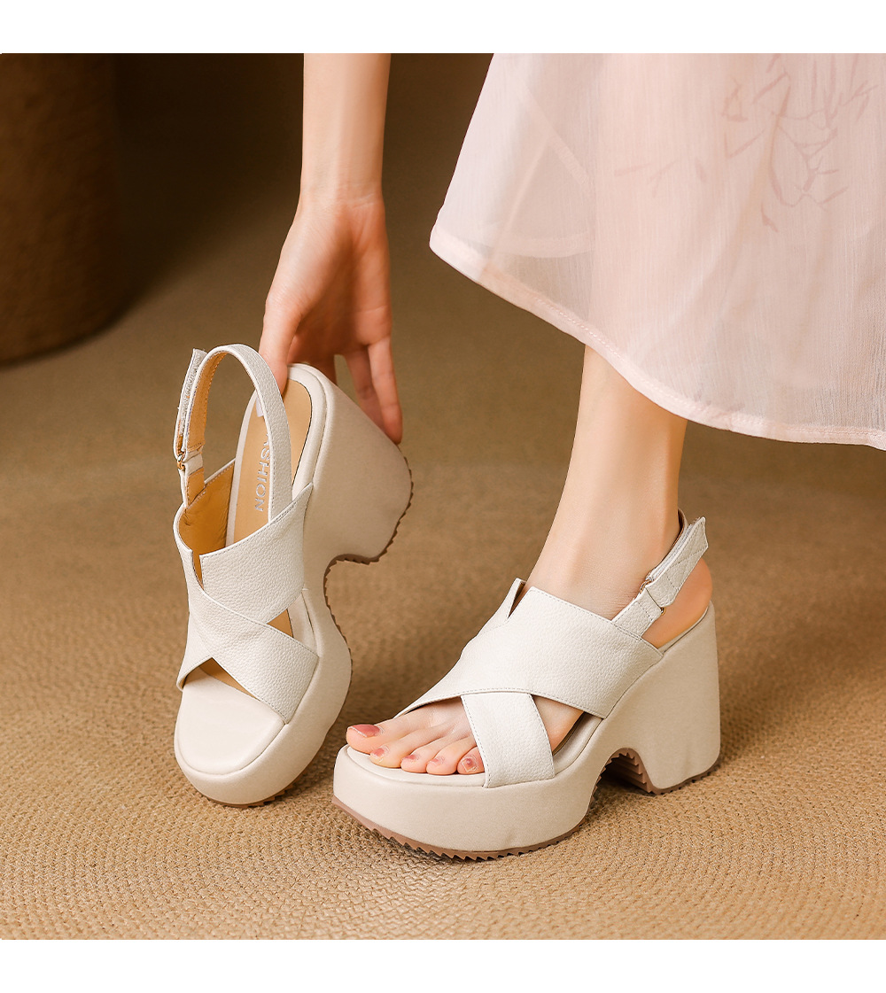 Sandal cao gót nữ hở mũi đế xuồng 10 cm da thật phong cách La Mã — màu trắng ngà, màu mơ chi tiết 5