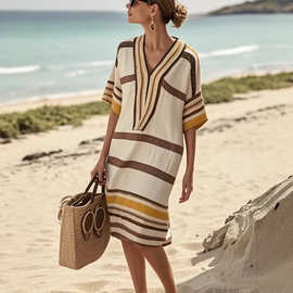 欧美亚马逊独立站数码印花条纹V领连衣裙2026夏季新款