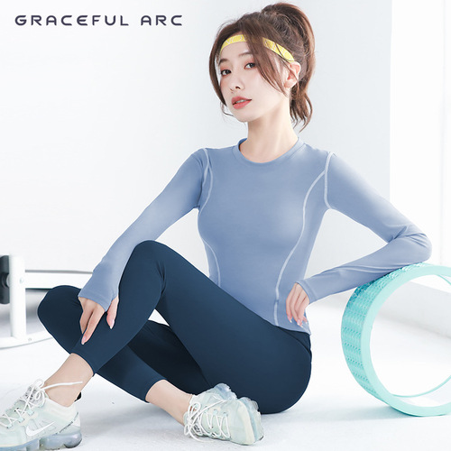 Yoga Wear Tight-Fitting, Slimming Sports Long-Sleeve 3D Arc-Design Spliced Fitness & Running T-Shirt Top