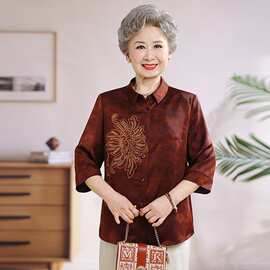 母亲节夏装新款翻领衬衫洋气妈妈装开衫上衣女大码奶奶装冰丝衬衣